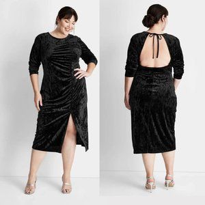Future Collective Dress Womens 1X Black Velvet Midi Ruched Long Sleeve Open Back